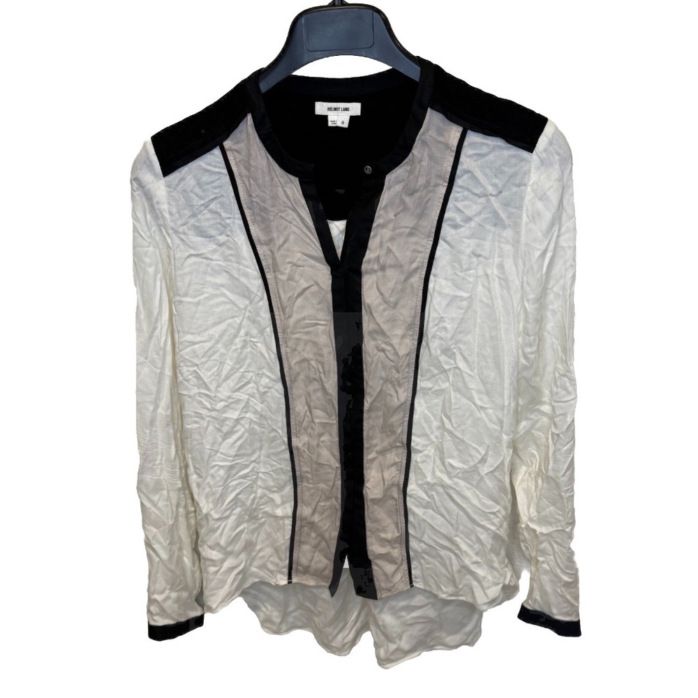 Helmut Lang White Black Viscose Button Down Hi Low Blouse Shirt Top Size Small